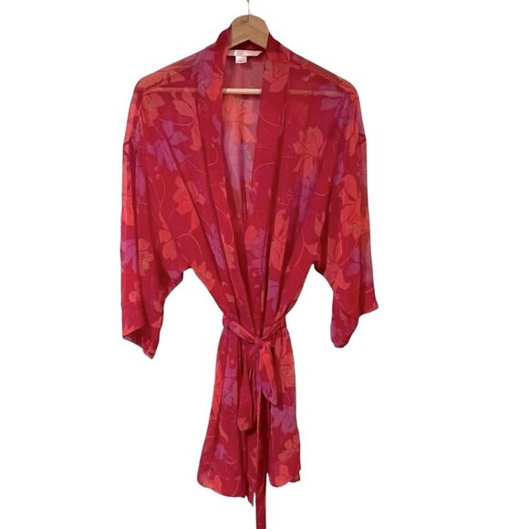 Victoria’s Secret Very Sexy Kimono Robe OS Red Floral Sheer Chiffon Lounge - Picture 1 of 7